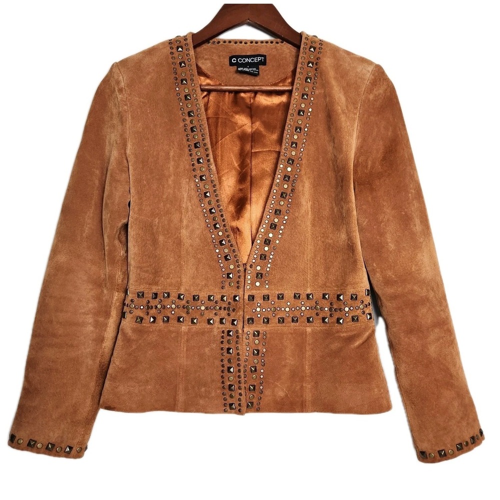 C Concept‎ Leather Jacket Studded Boho Western Moto Blazer Brown Sz 4 Small